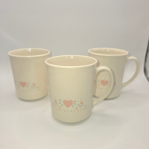 Corning Other - Corning USA Cream Stoneware Coffee Mugs Set of 3 Pink‎ Heart Floral Pattern